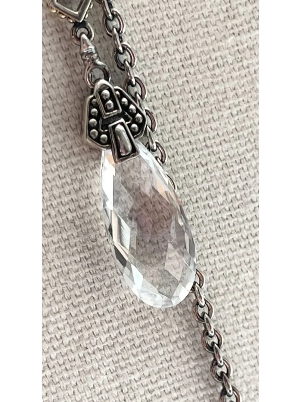 Lagos 750 & Sterling Silver Lariat Necklace With Clear Briolette Stones & Checke